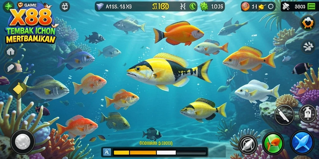 Screenshot X88 menampilkan aksi menangkap ikan yang seru dan grafis yang menawan.